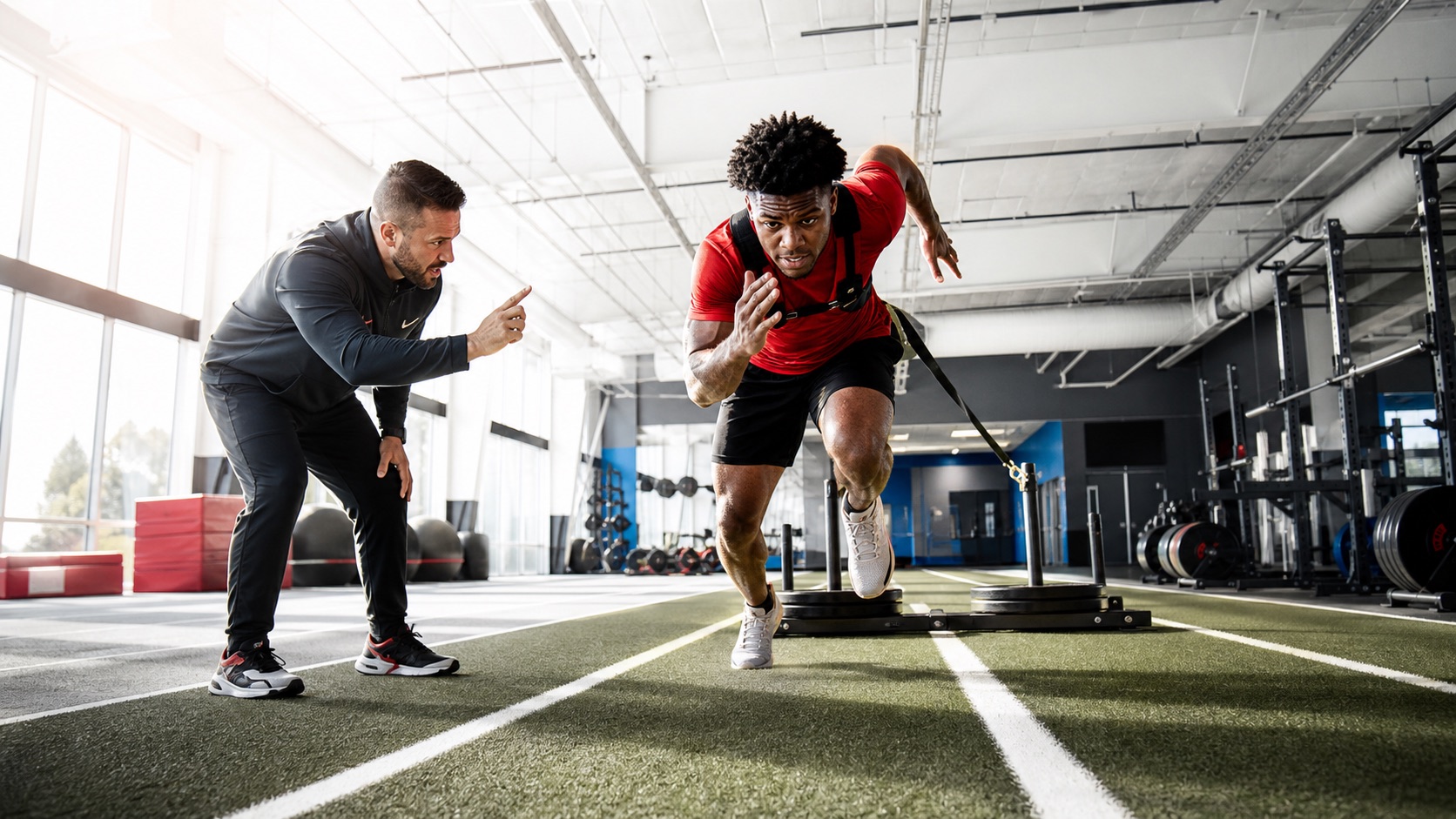 A performance coach guiding an athlete through speed and power training